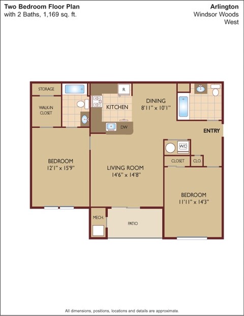 Floor plan for 2 beds, 2 baths, 1105 sqft
